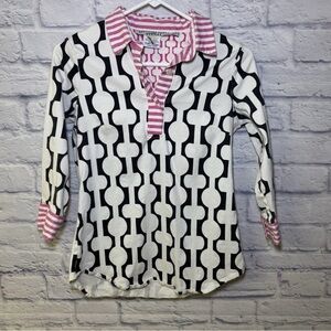 Gretchen Scott 1/2 Button Top Shirt Geometric Cotton Stretch Blend Read Below